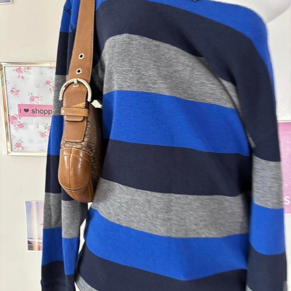 Y2K Striped Rugby Knit Off-Shoulder Sweater (Blue/Grey/Navy) - Picture 5 of 6